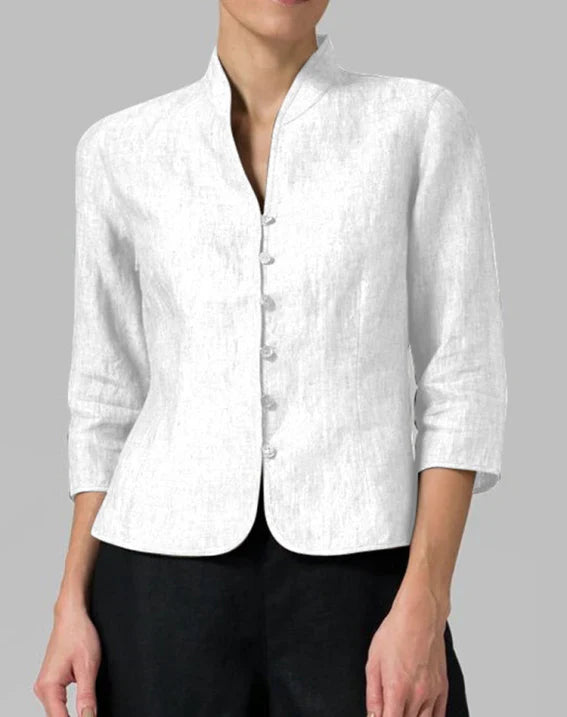 Sienna | Women's Button-Front Mandarin Collar Linen Blouse