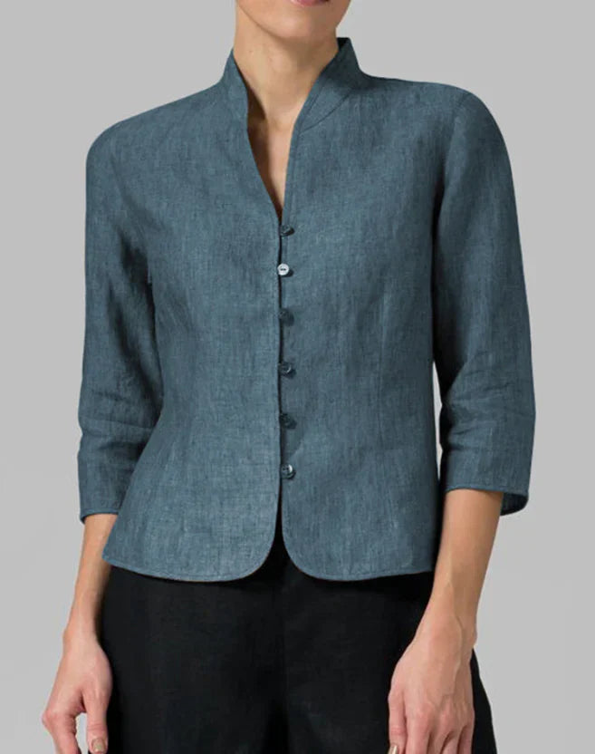 Sienna | Women's Button-Front Mandarin Collar Linen Blouse