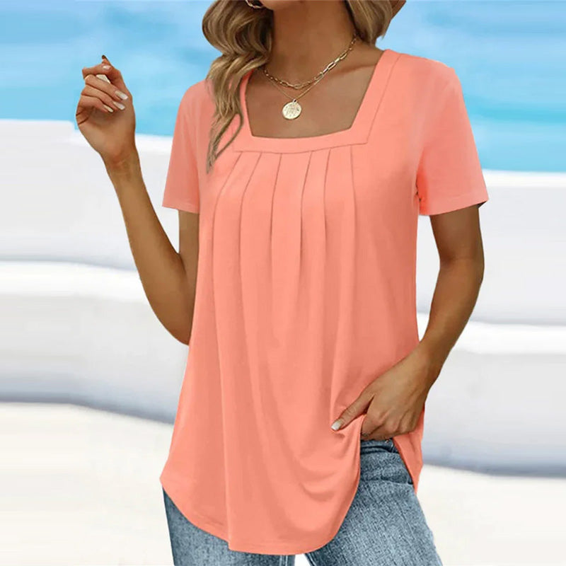 Cora | Women's Square Neck Pleated Short Sleeve Top