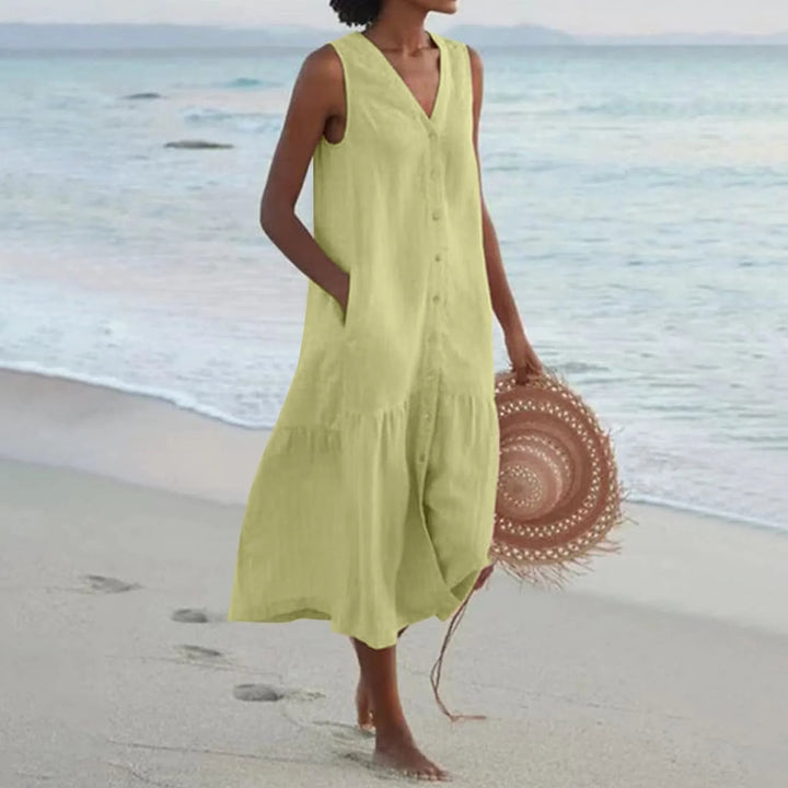 Eva | Women's Sleeveless V-Neck Button Front Midi Dress