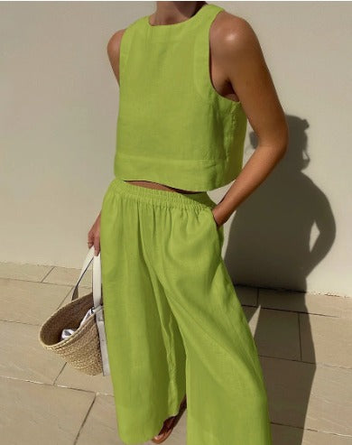 Sienna | Women's Linen Crop Top & Wide-Leg Pant Set