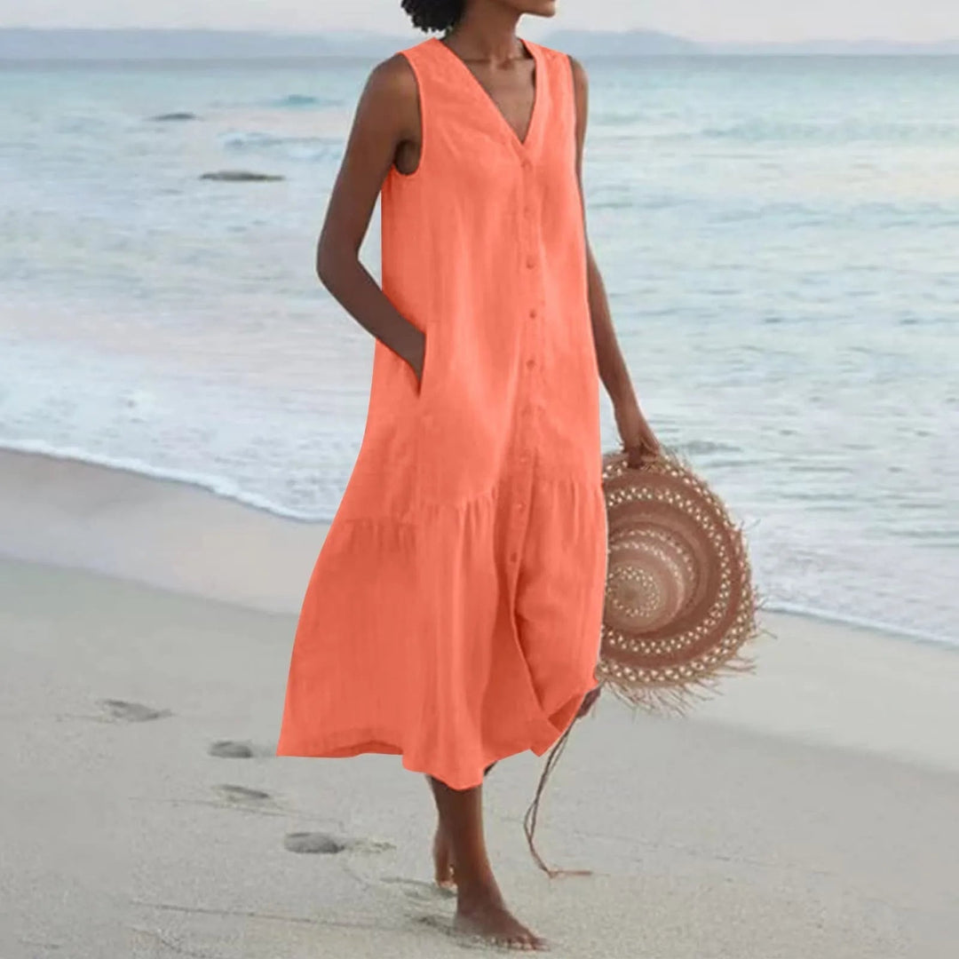 Eva | Women's Sleeveless V-Neck Button Front Midi Dress