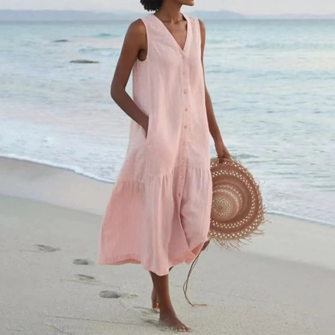 Eva | Women's Sleeveless V-Neck Button Front Midi Dress