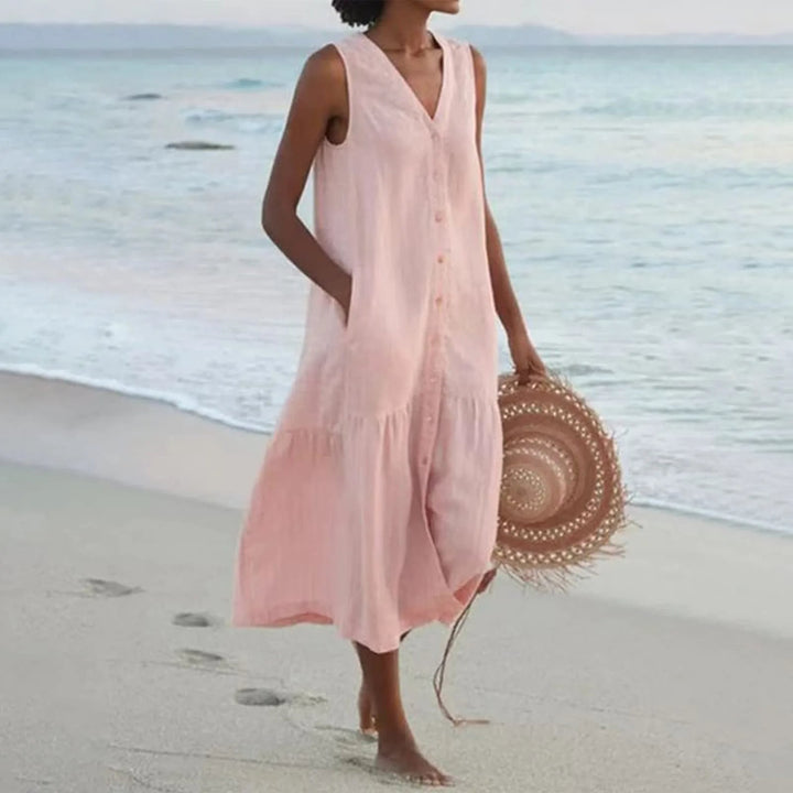 Eva | Women's Sleeveless V-Neck Button Front Midi Dress