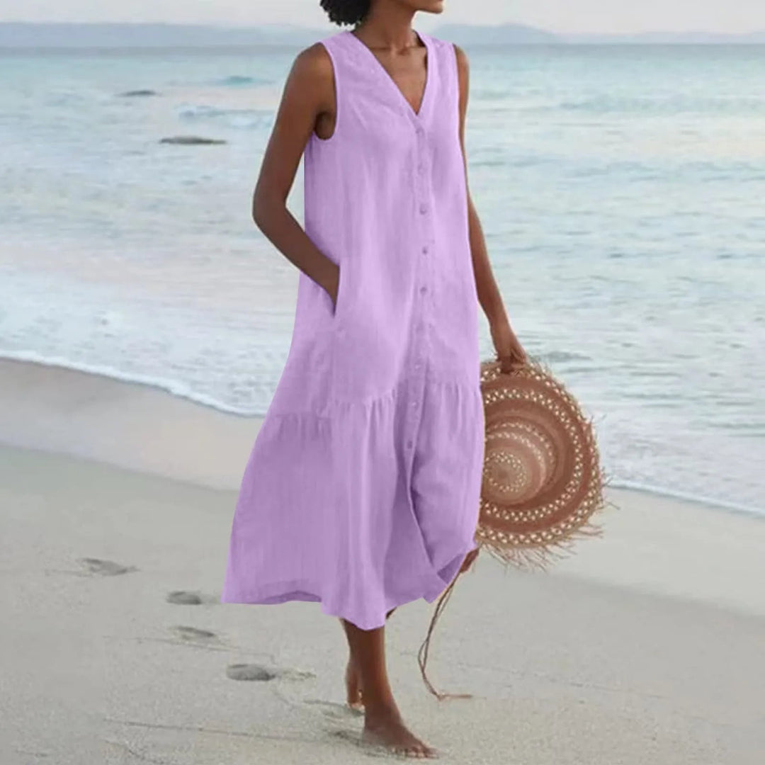 Eva | Women's Sleeveless V-Neck Button Front Midi Dress