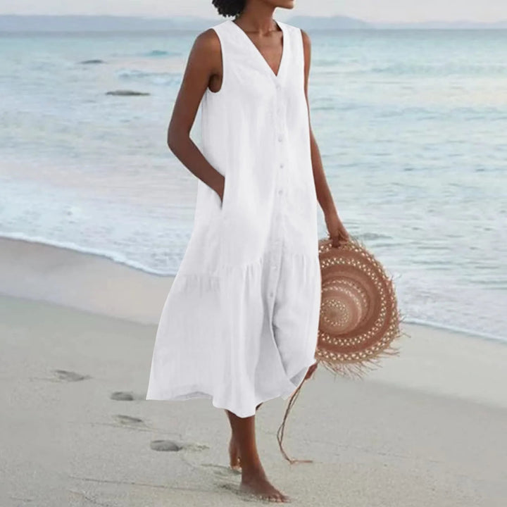 Eva | Women's Sleeveless V-Neck Button Front Midi Dress