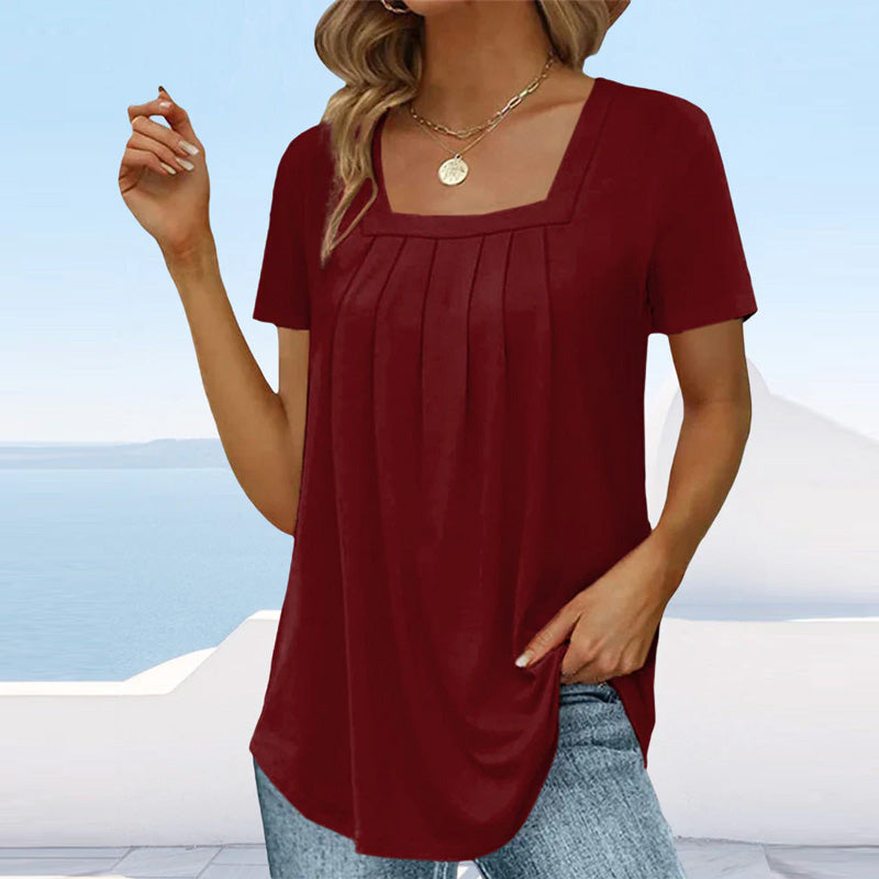 Cora | Women's Square Neck Pleated Short Sleeve Top