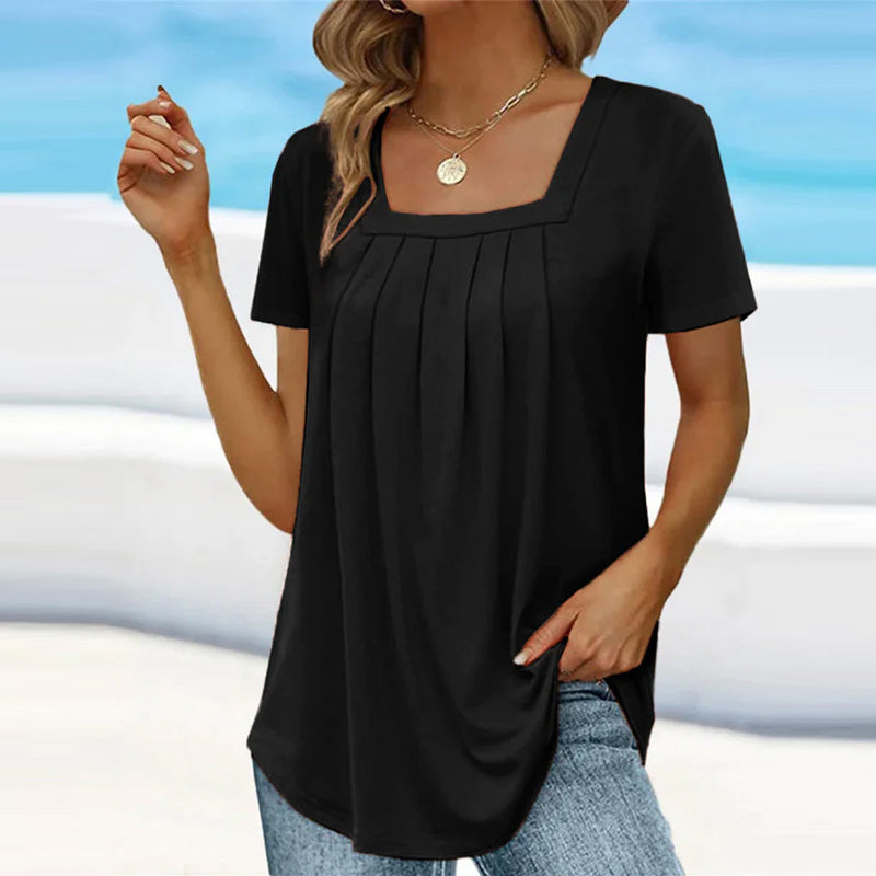 Cora | Women's Square Neck Pleated Short Sleeve Top