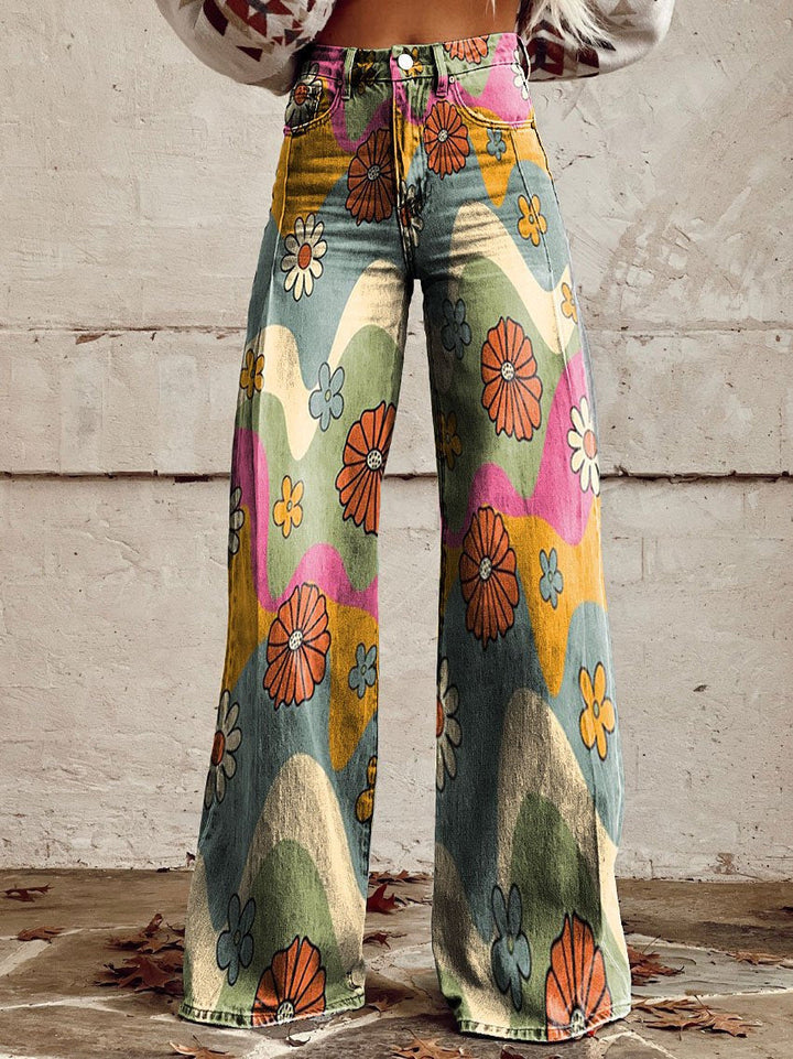 Ivy | Women's Retro Print Wide-Leg Flared Denim Jeans
