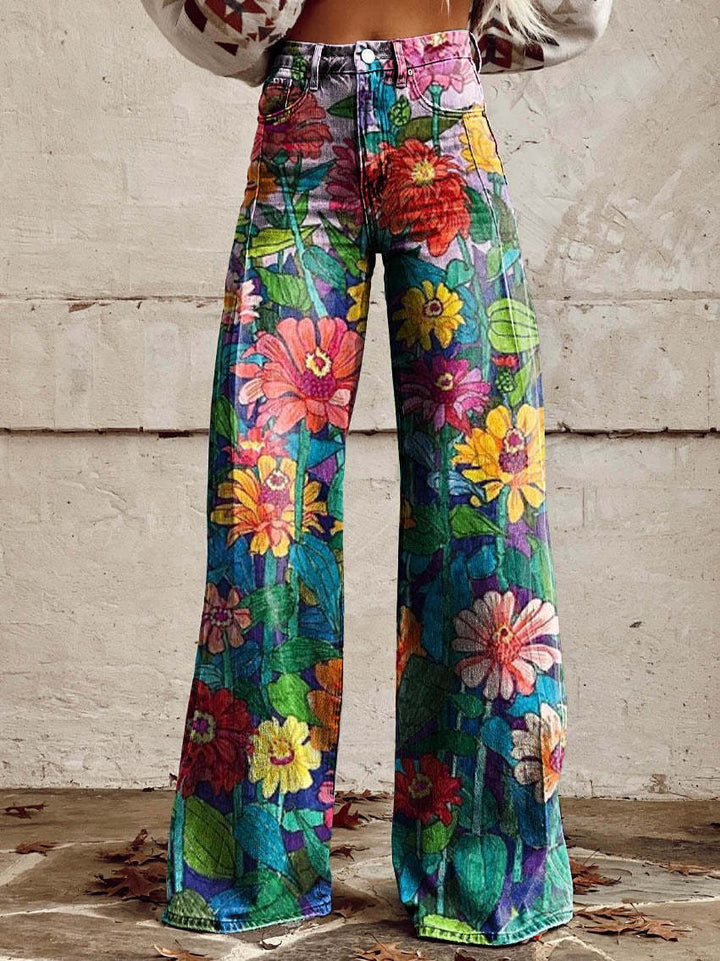Ivy | Women's Retro Print Wide-Leg Flared Denim Jeans