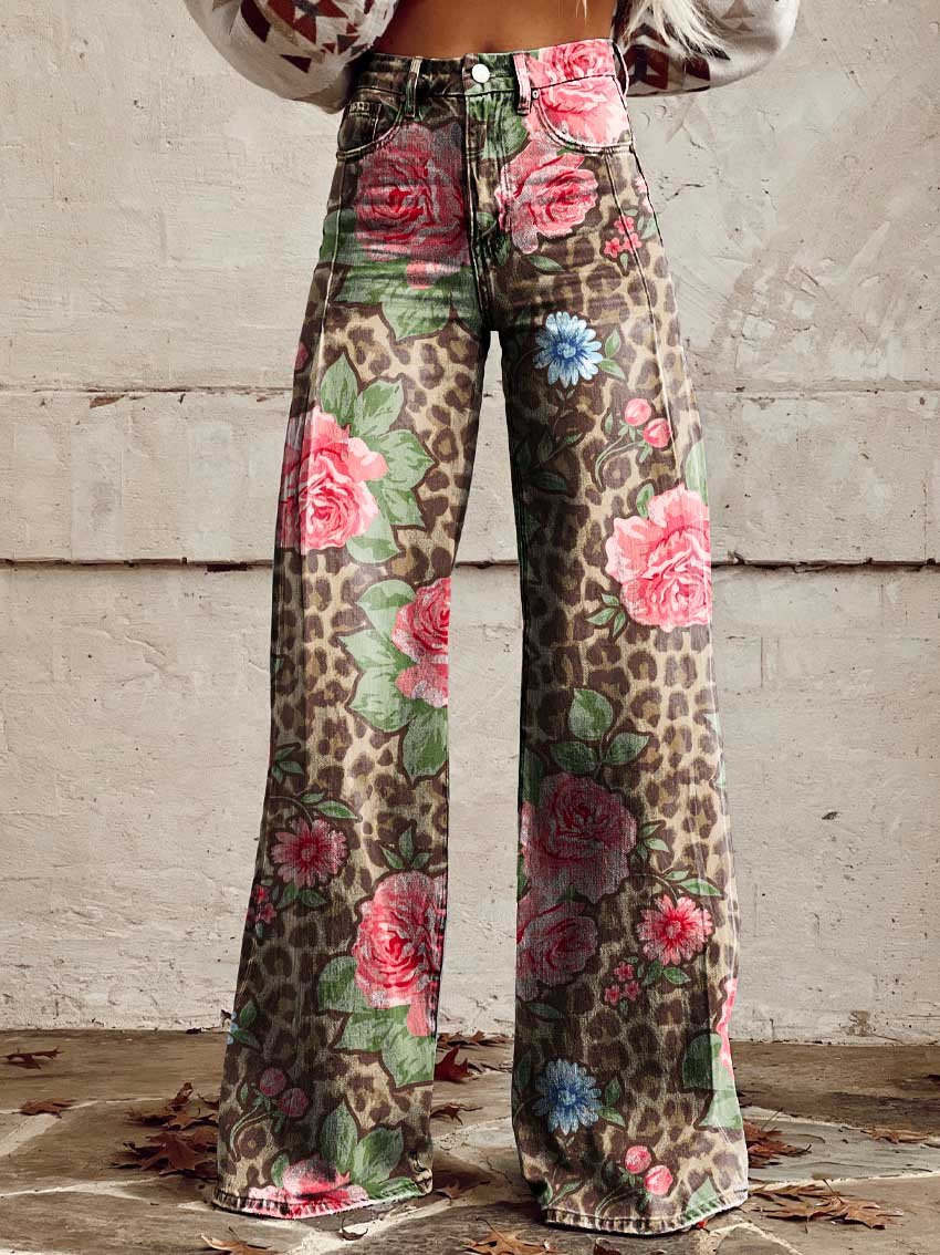 Ivy | Women's Retro Print Wide-Leg Flared Denim Jeans