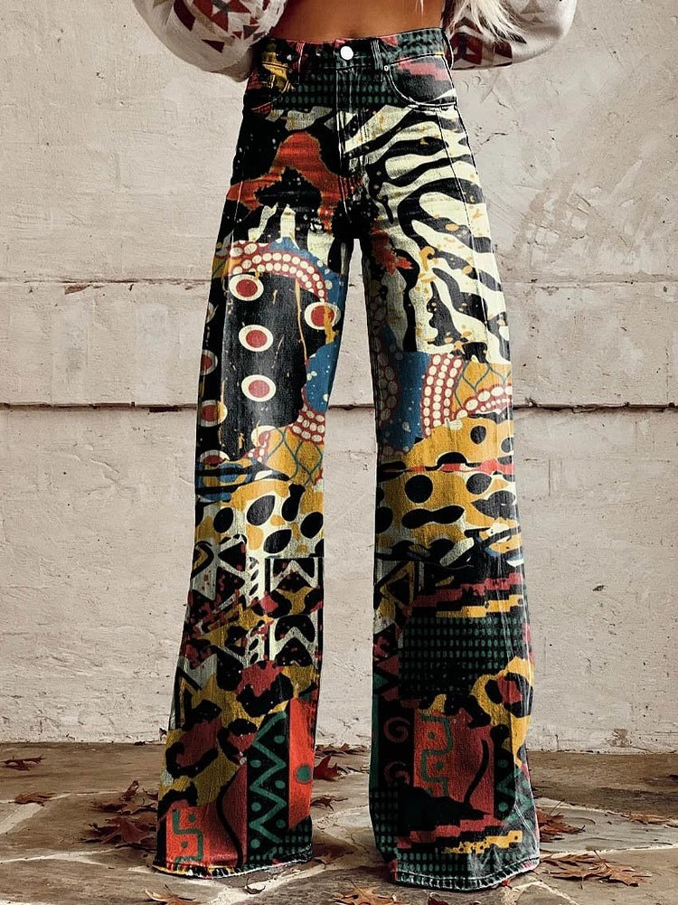 Ivy | Women's Retro Print Wide-Leg Flared Denim Jeans