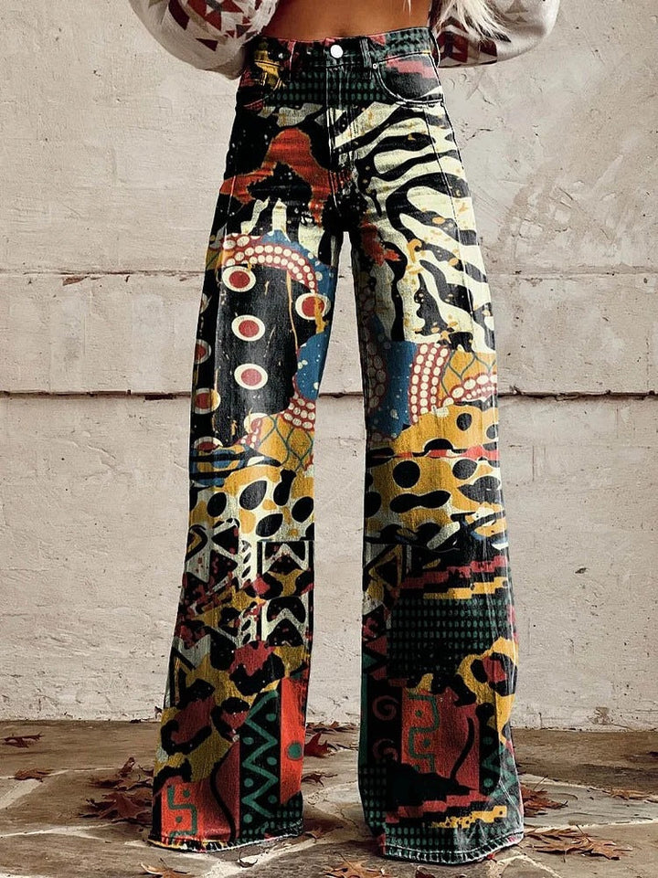 Ivy | Women's Retro Print Wide-Leg Flared Denim Jeans