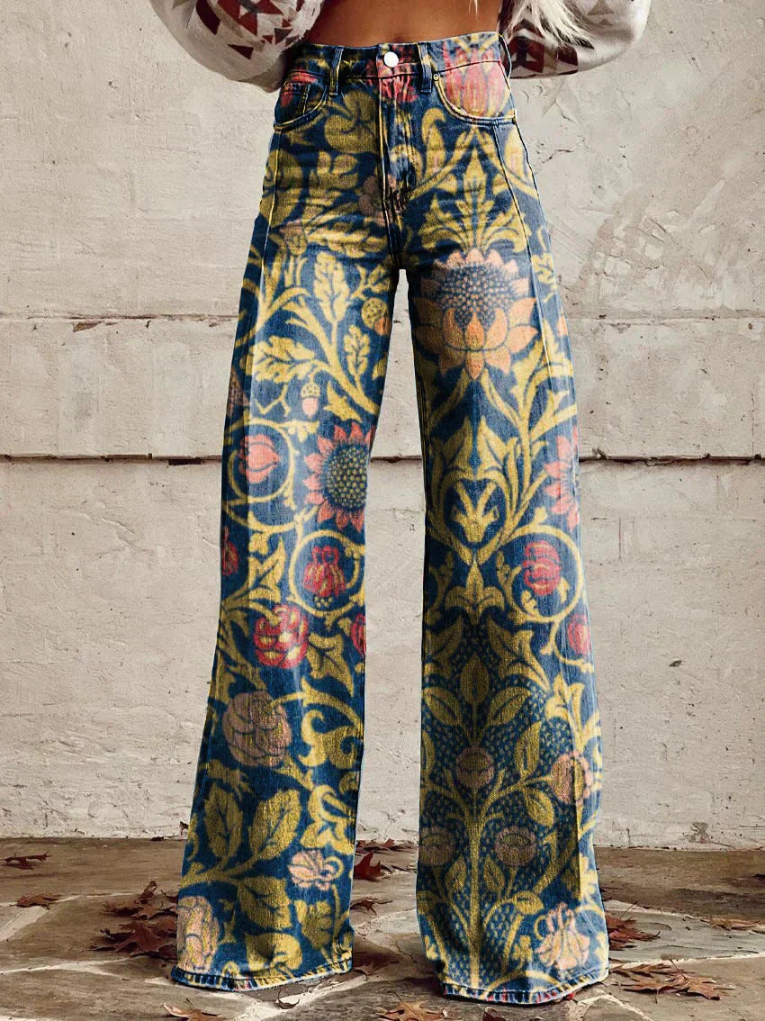 Ivy | Women's Retro Print Wide-Leg Flared Denim Jeans