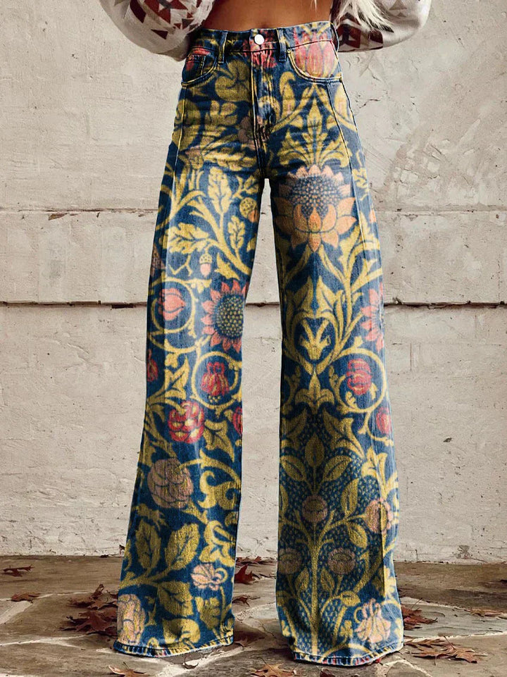 Ivy | Women's Retro Print Wide-Leg Flared Denim Jeans