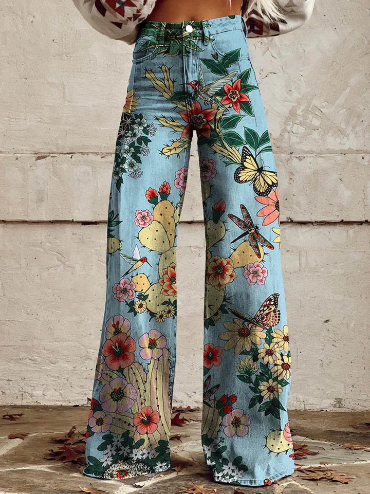 Ivy | Women's Retro Print Wide-Leg Flared Denim Jeans