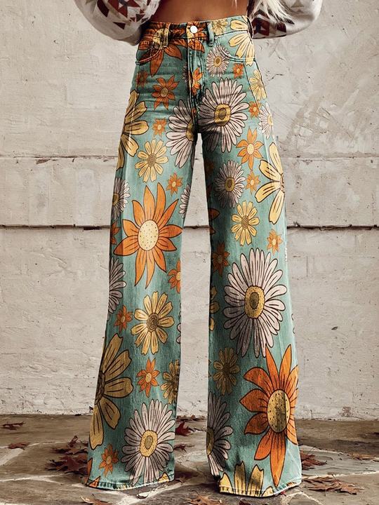 Ivy | Women's Retro Print Wide-Leg Flared Denim Jeans