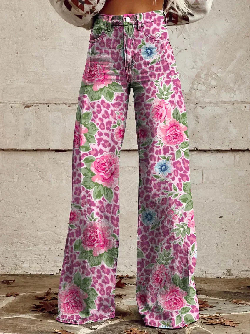 Ivy | Women's Retro Print Wide-Leg Flared Denim Jeans