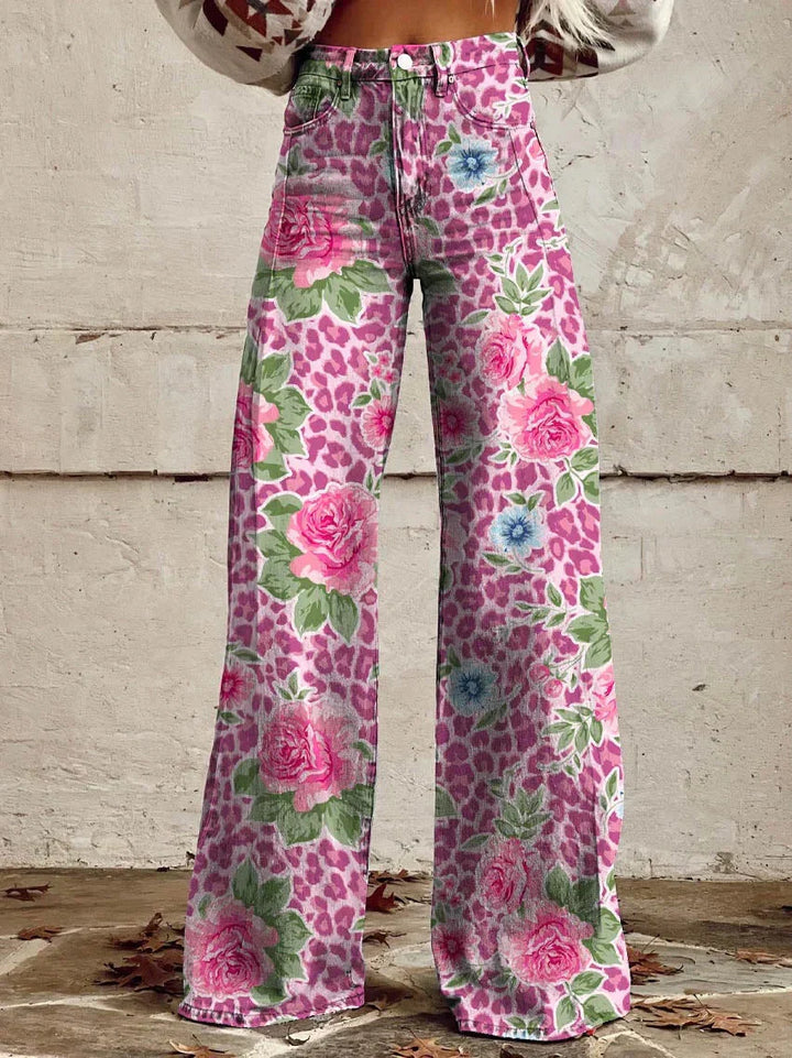 Ivy | Women's Retro Print Wide-Leg Flared Denim Jeans