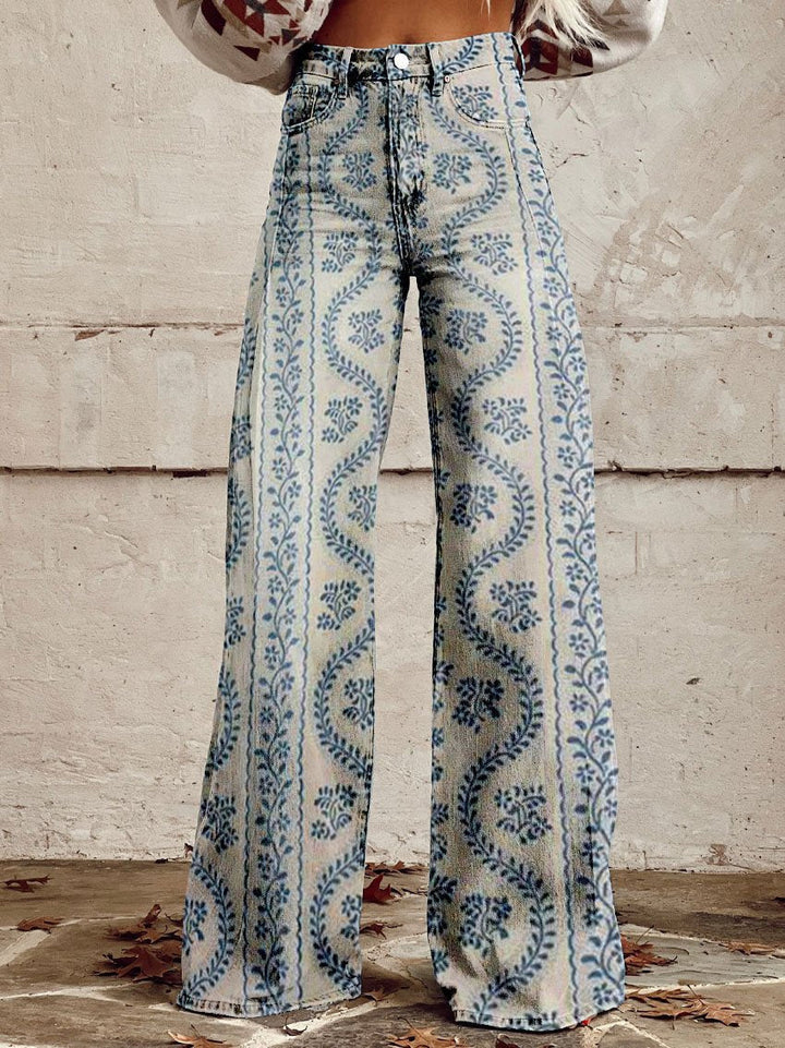 Ivy | Women's Retro Print Wide-Leg Flared Denim Jeans