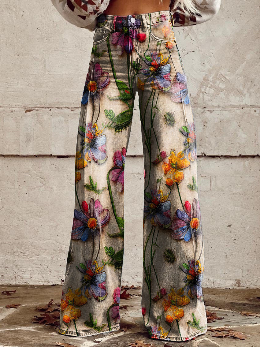 Ivy | Women's Retro Print Wide-Leg Flared Denim Jeans