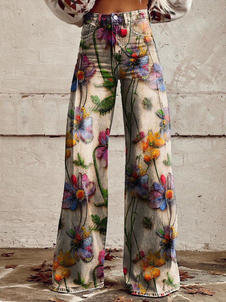 Ivy | Women's Retro Print Wide-Leg Flared Denim Jeans