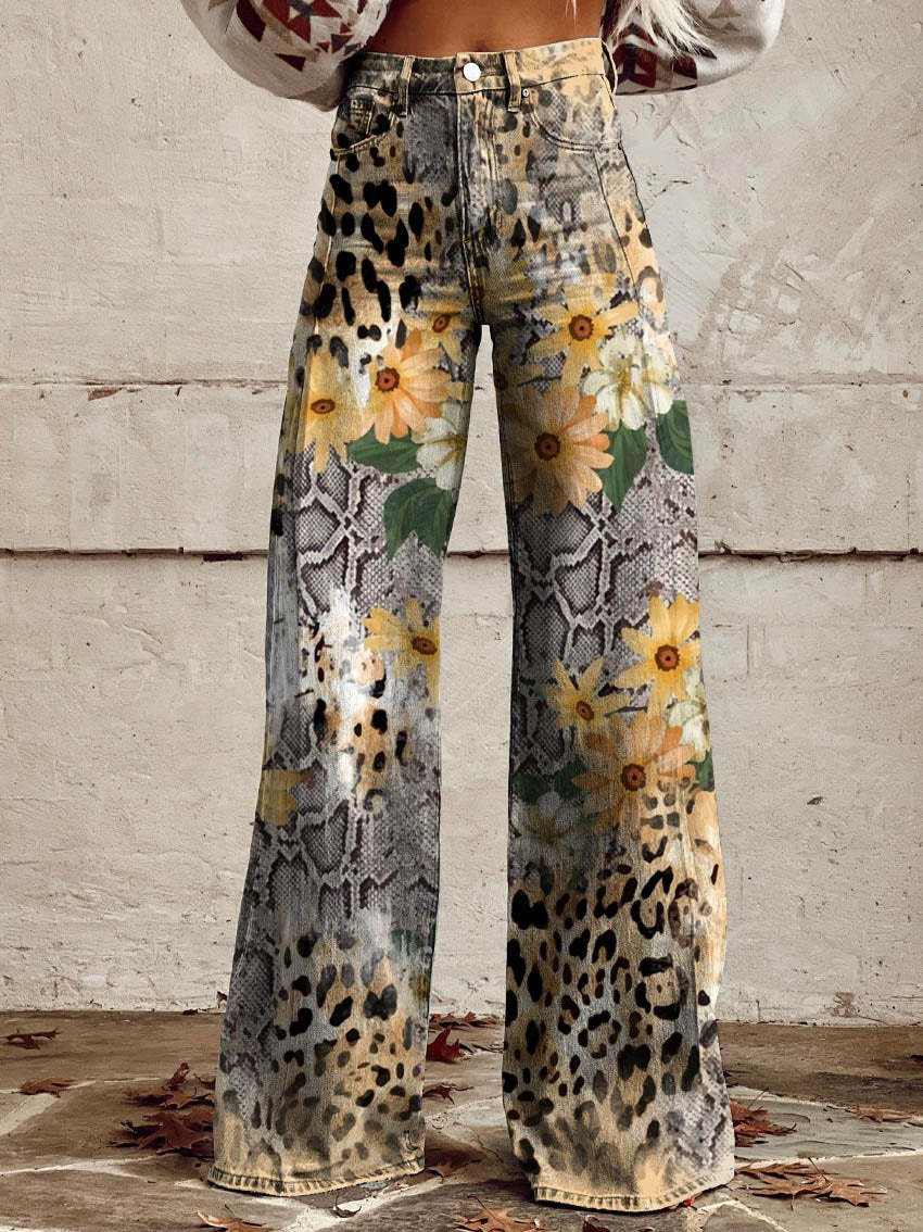 Ivy | Women's Retro Print Wide-Leg Flared Denim Jeans