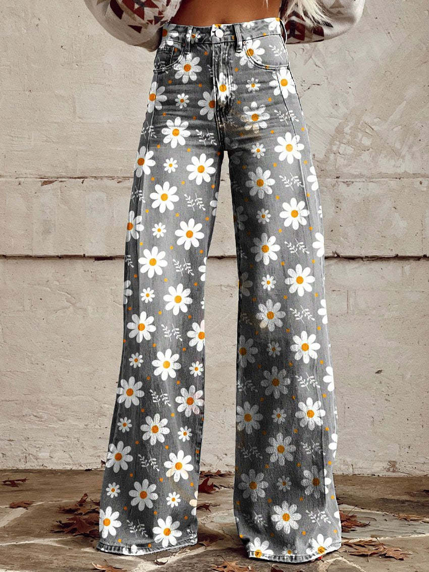 Ivy | Women's Retro Print Wide-Leg Flared Denim Jeans