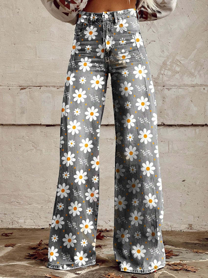Ivy | Women's Retro Print Wide-Leg Flared Denim Jeans