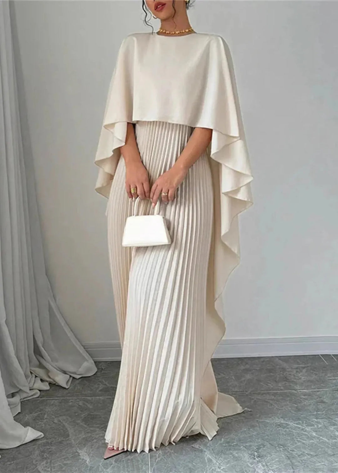 Serena | Women's Pleated Maxi Dress with Cape Sleeves
