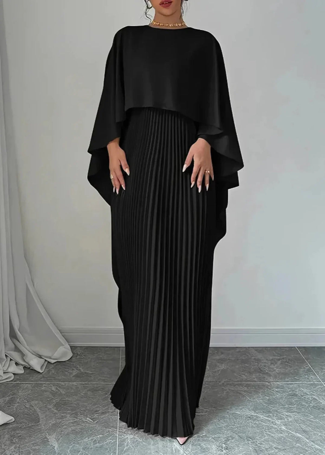 Serena | Women's Pleated Maxi Dress with Cape Sleeves