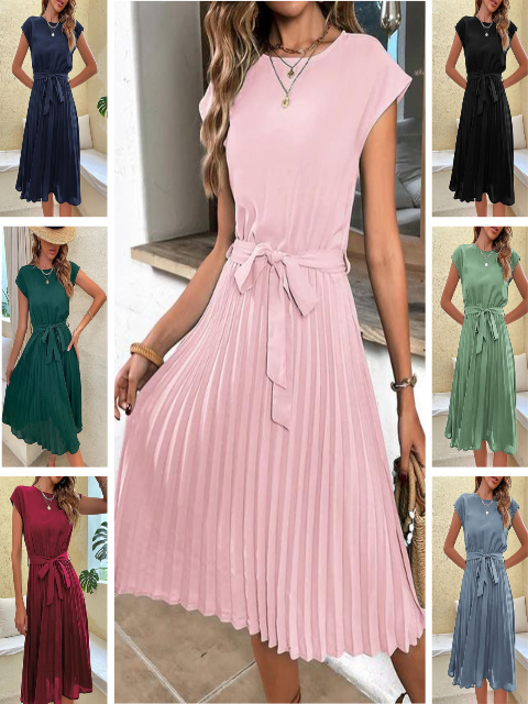 Elara | Women's Pleated A-Line Midi Dress With Belt