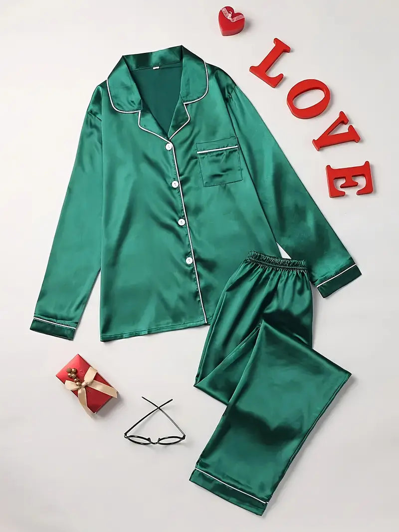 Sophie | Women's Satin Button Front Long Sleeve Pajama Set