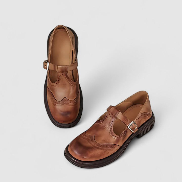 Eliza | Women's T-Strap Brogue Leather Shoes