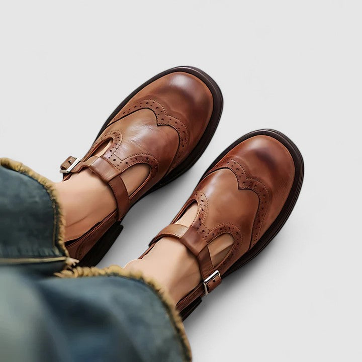 Eliza | Women's T-Strap Brogue Leather Shoes
