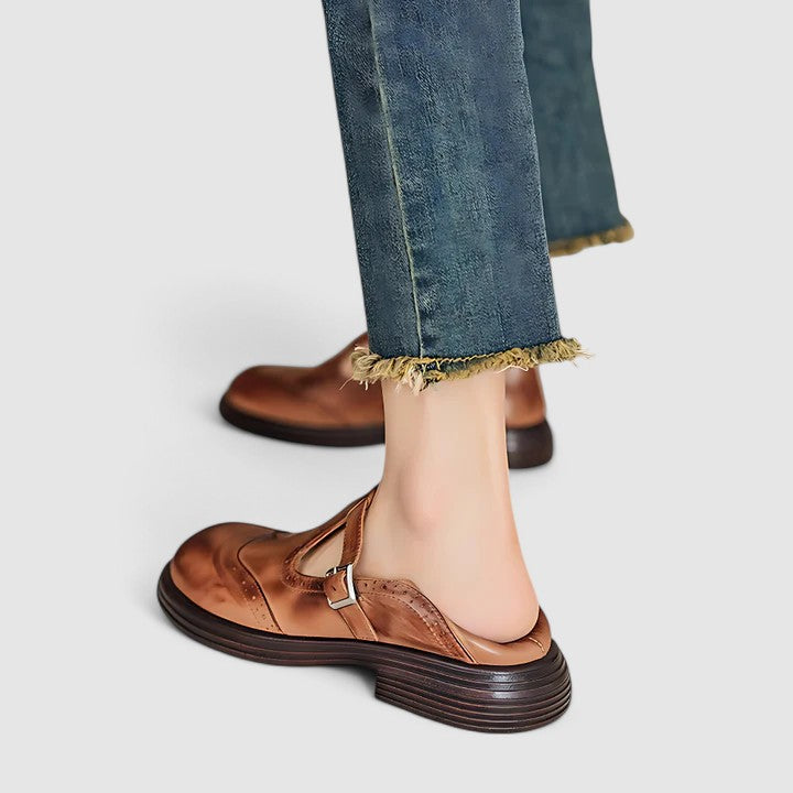 Eliza | Women's T-Strap Brogue Leather Shoes