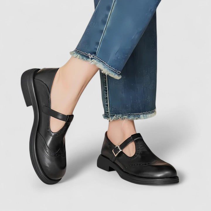 Eliza | Women's T-Strap Brogue Leather Shoes