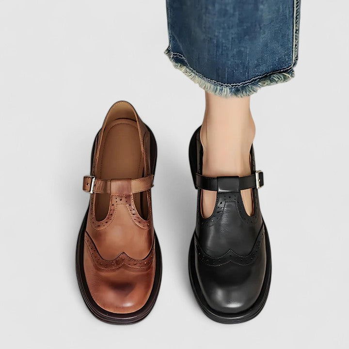 Eliza | Women's T-Strap Brogue Leather Shoes