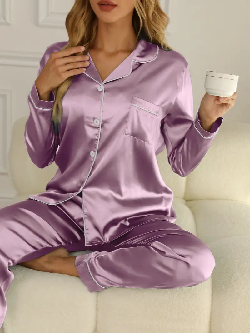 Sophie | Women's Satin Button Front Long Sleeve Pajama Set