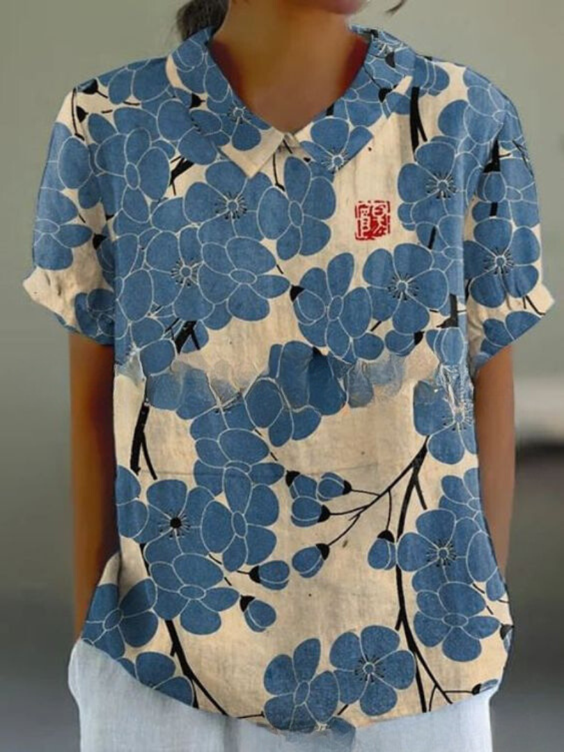 Ivy | Women's Retro Floral Linen Collared Blouse