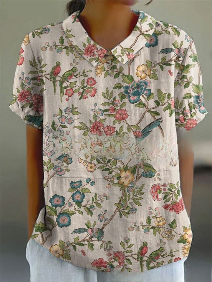 Ivy | Women's Retro Floral Linen Collared Blouse
