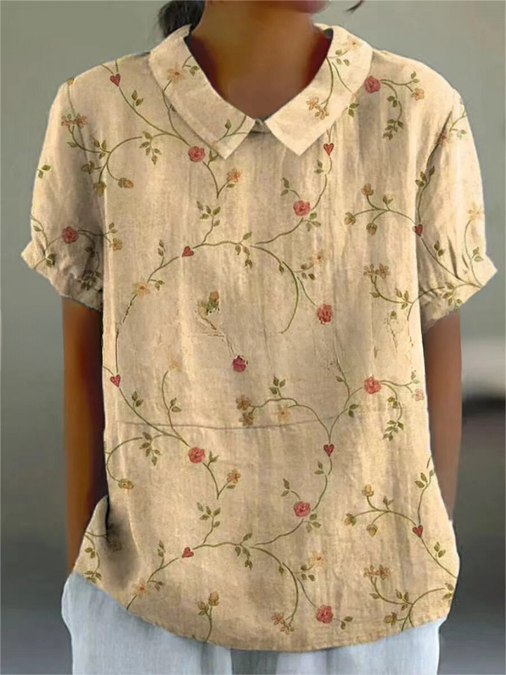 Ivy | Women's Retro Floral Linen Collared Blouse