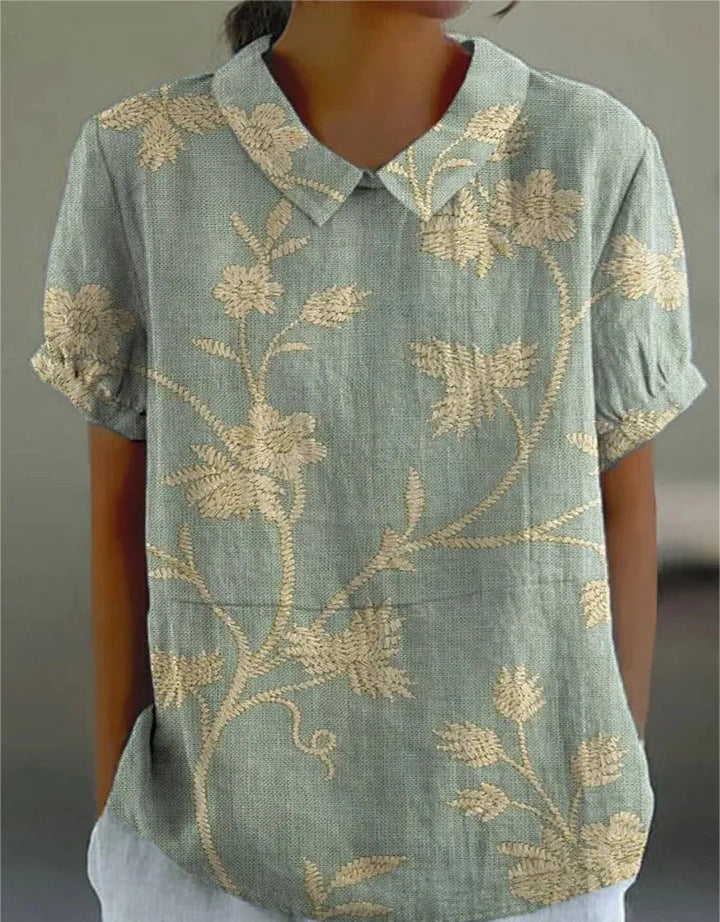 Ivy | Women's Retro Floral Linen Collared Blouse