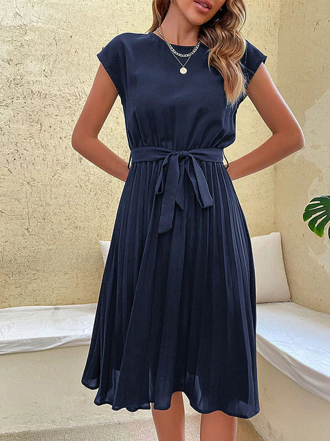 Elara | Women's Pleated A-Line Midi Dress With Belt