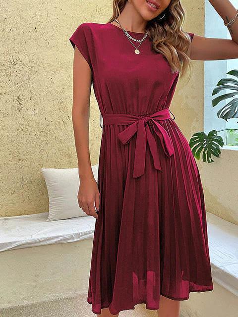 Elara | Women's Pleated A-Line Midi Dress With Belt