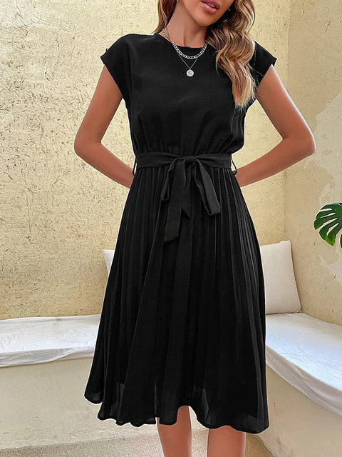 Elara | Women's Pleated A-Line Midi Dress With Belt