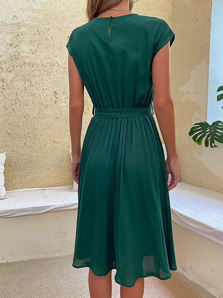 Elara | Women's Pleated A-Line Midi Dress With Belt