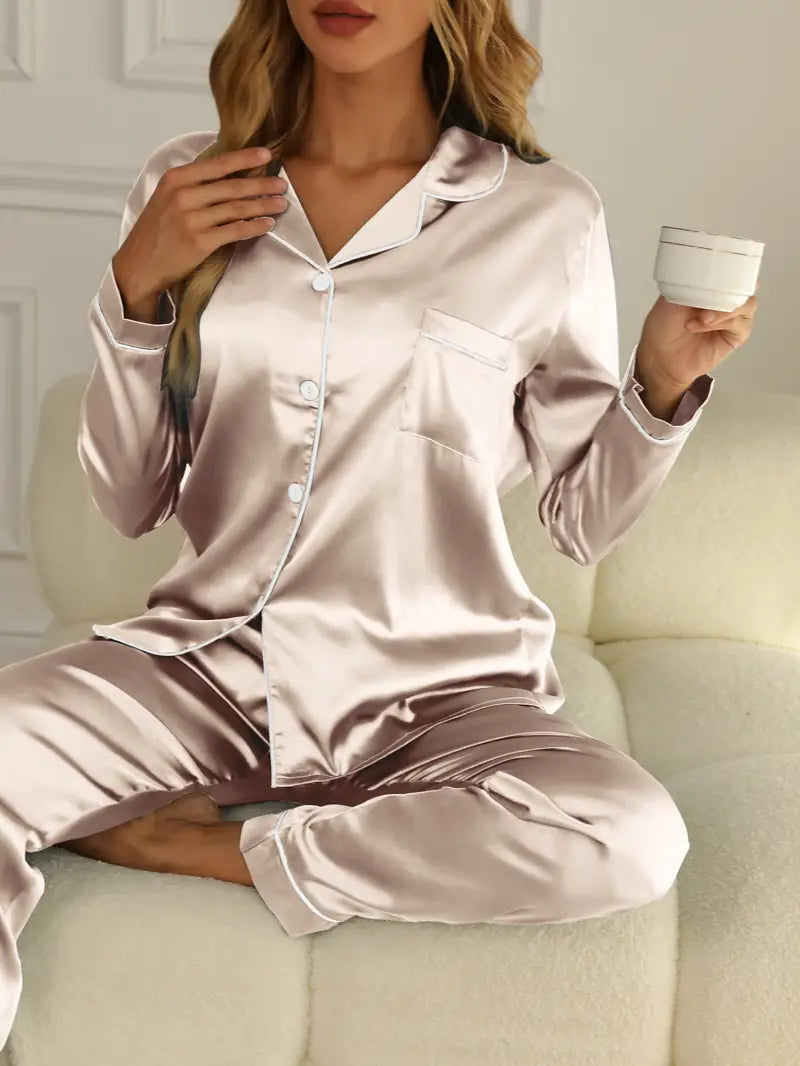 Sophie | Women's Satin Button Front Long Sleeve Pajama Set