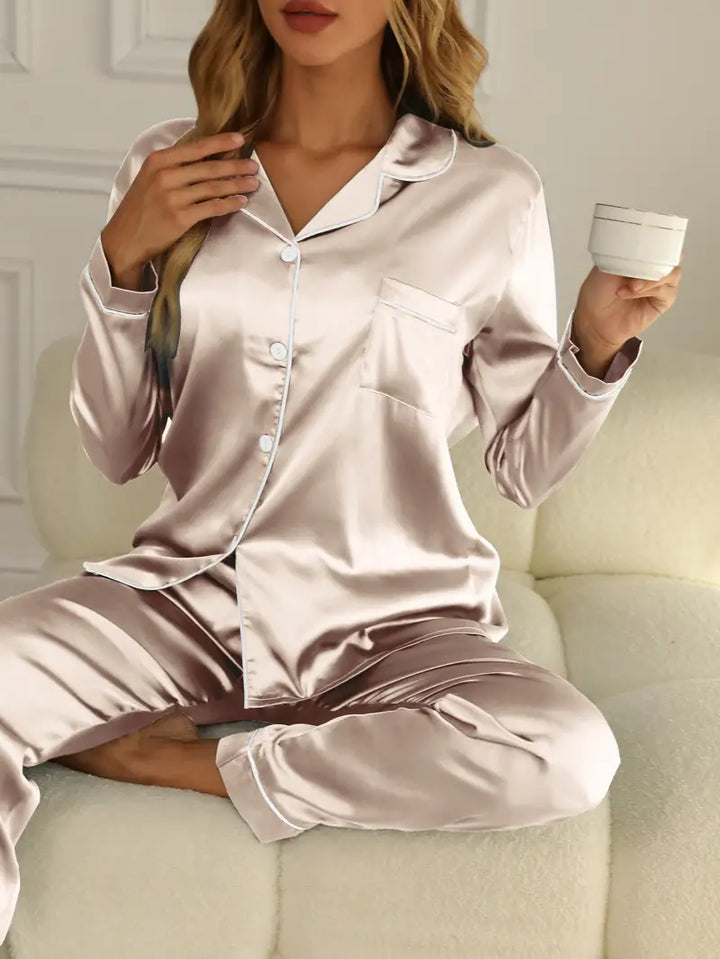 Sophie | Women's Satin Button Front Long Sleeve Pajama Set