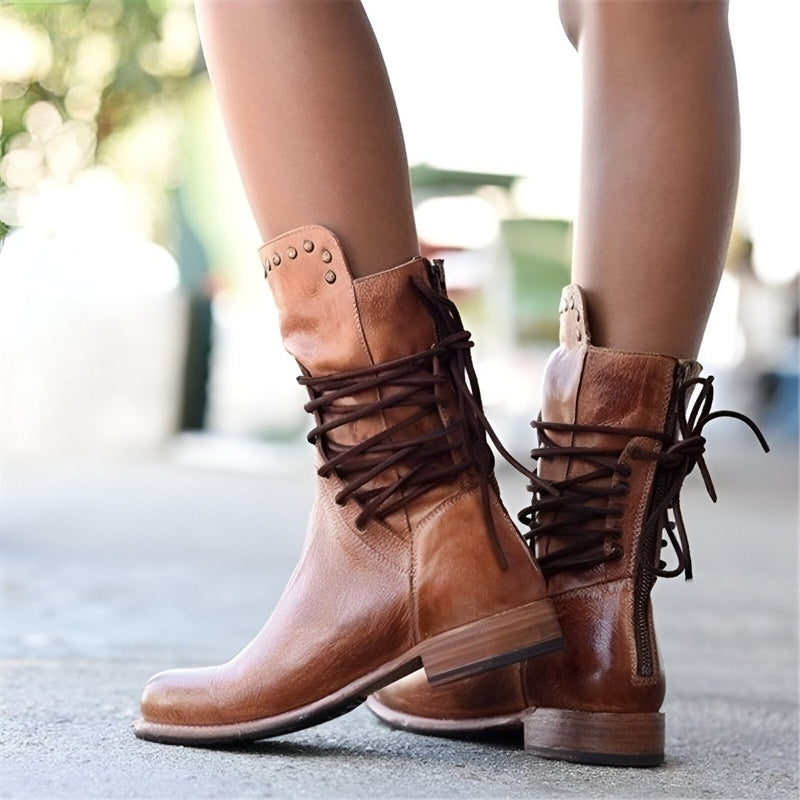 Vera | Women's Leather Lace-Up Low Heel Ankle Boots